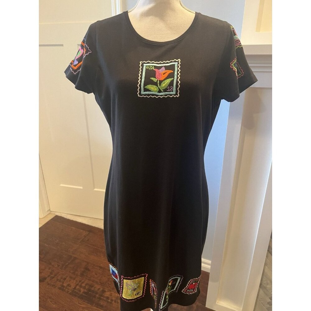 MICHAEL SIMON Lite 100% Cotton Midi Dress Womens Medium USA Stamps Embroidery